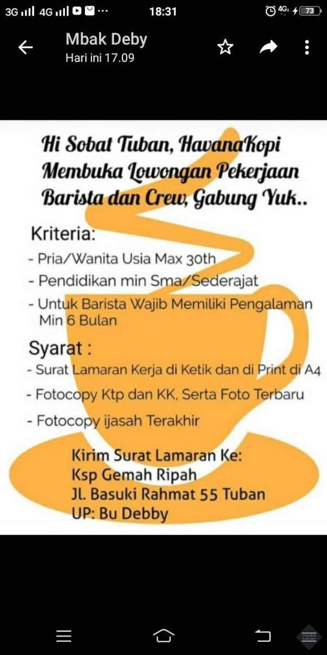 Lowongan Barista Havana Cafe | Media Tuban